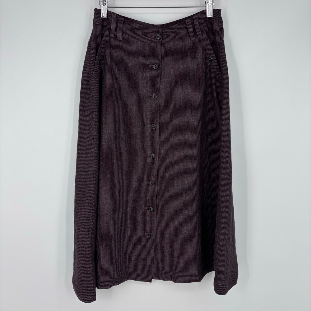 Poetry Ribbed Button Front A-Line Skirt Womens S (Altered) Aubergine Midi Cotton